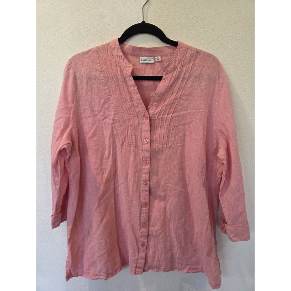Kim Rogers Pink Button Down Tunic Sz XL Linen Cotton‎ Breathable Quiet Luxury